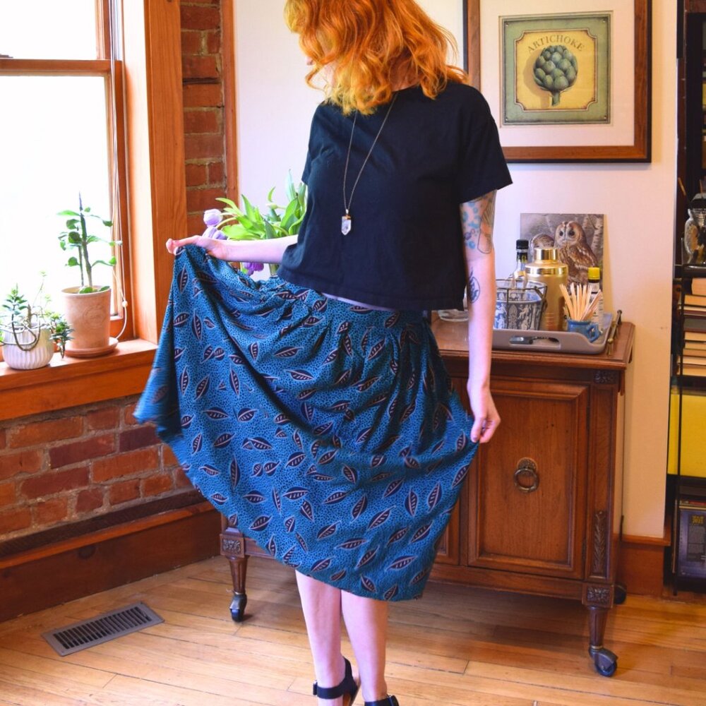 Vintage Teal Leaf Print Midi Skirt